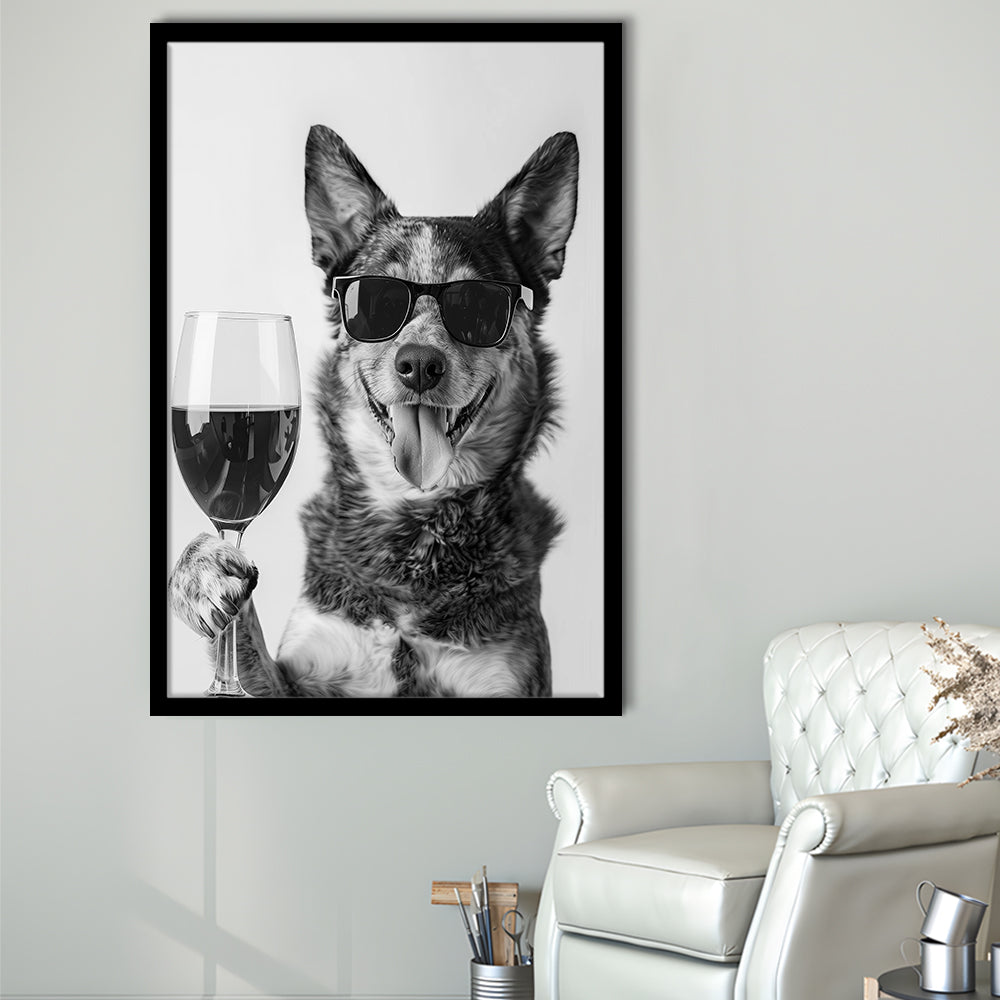 Australian Cattle Dog and Wine Framed Art Print Wall Decor, Black and White, Kitchen Wall Decor