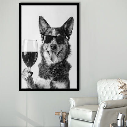 Australian Cattle Dog and Wine Framed Art Print Wall Decor, Black and White, Kitchen Wall Decor