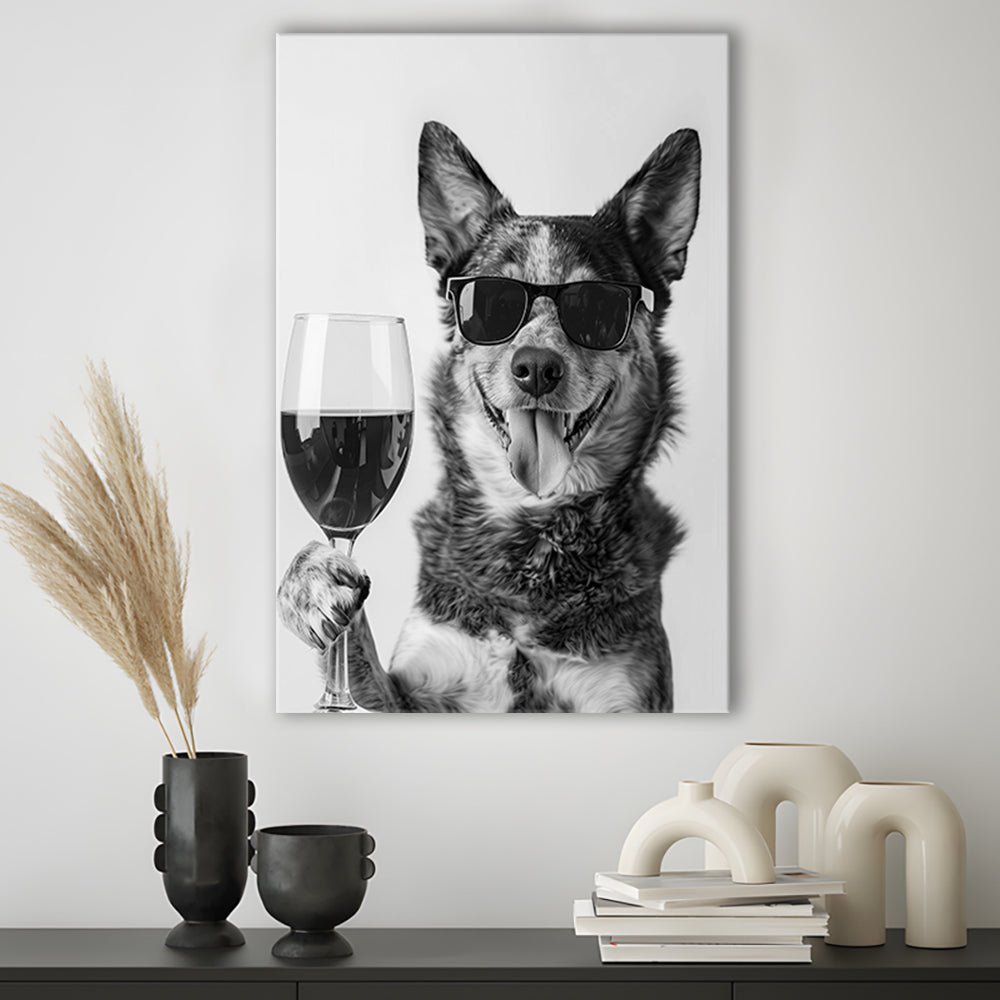 Australian Cattle Dog and Wine Canvas Print Wall Art, Black and White,, Kitchen Wall Decor