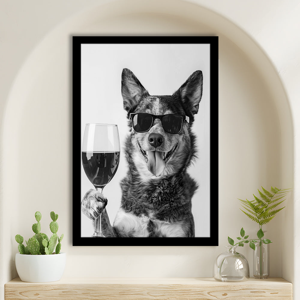 Australian Cattle Dog and Wine Framed Art Print Wall Decor, Black and White, Kitchen Wall Decor
