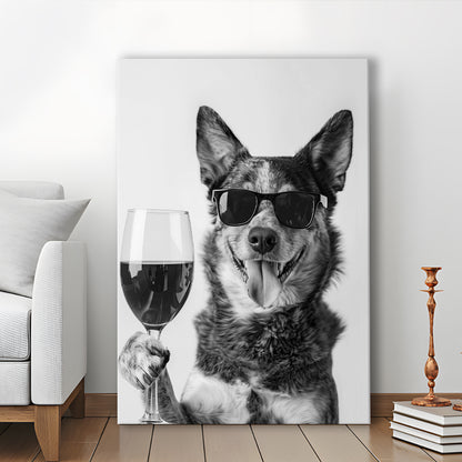 Australian Cattle Dog and Wine Canvas Print Wall Art, Black and White,, Kitchen Wall Decor