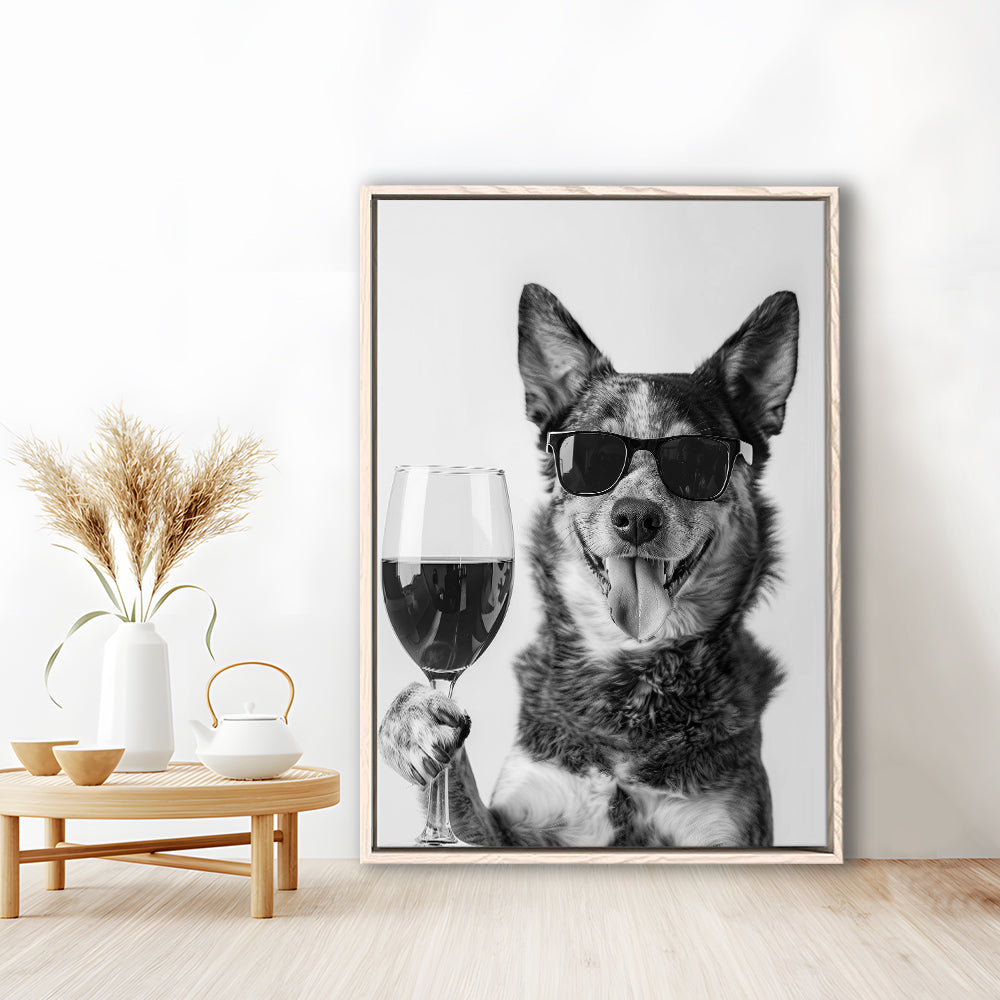 Australian Cattle Dog and Wine Framed Canvas Print Wall Art, Black and White, Kitchen Wall Decor