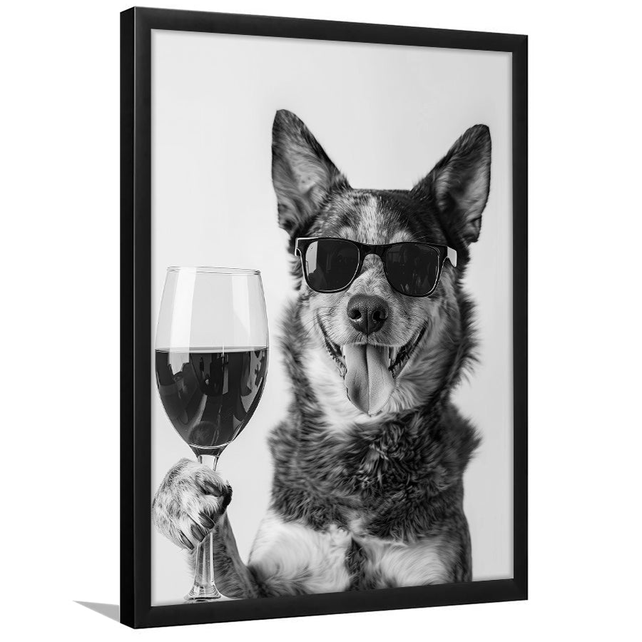 Australian Cattle Dog and Wine Framed Art Print Wall Decor, Black and White, Kitchen Wall Decor