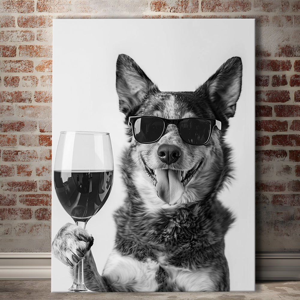 Australian Cattle Dog and Wine Canvas Print Wall Art, Black and White,, Kitchen Wall Decor