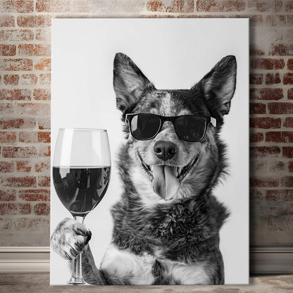 Australian Cattle Dog and Wine Canvas Print Wall Art, Black and White,, Kitchen Wall Decor