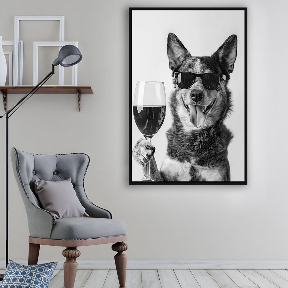 Australian Cattle Dog and Wine Framed Canvas Print Wall Art, Black and White, Kitchen Wall Decor