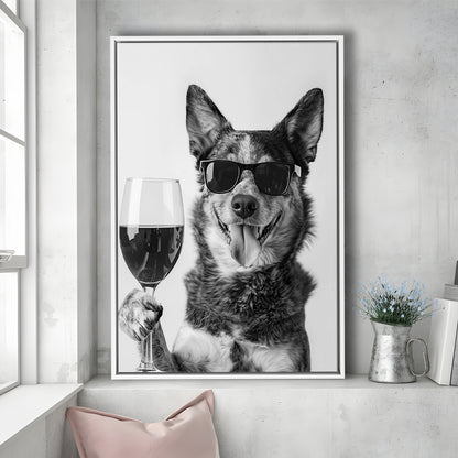 Australian Cattle Dog and Wine Framed Canvas Print Wall Art, Black and White, Kitchen Wall Decor