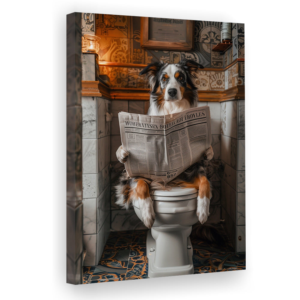 Australian Shepherd Dog On The Toilet Reading Newspaper, Bathroom Art, Canvas Print Wall Art, Wall Decor, Painting Canvas