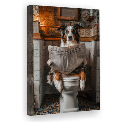 Australian Shepherd Dog On The Toilet Reading Newspaper, Bathroom Art, Canvas Print Wall Art, Wall Decor, Painting Canvas