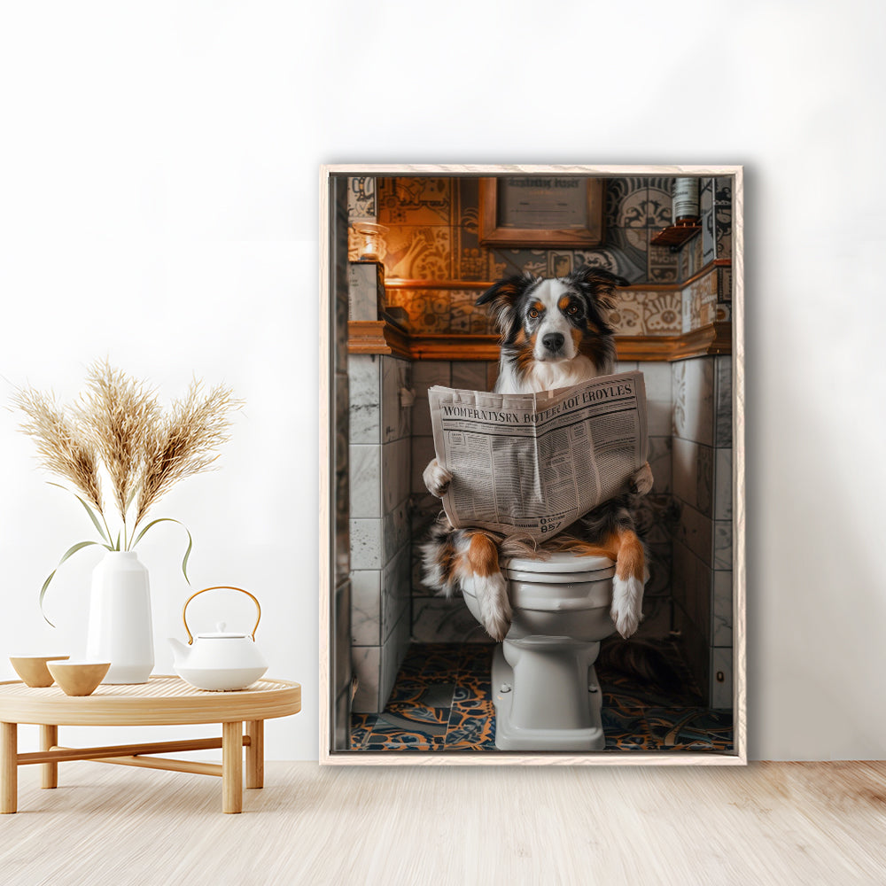 Australian Shepherd Dog On The Toilet Reading Newspaper, Bathroom Art, Framed Canvas Print Wall Art, Floating Frame