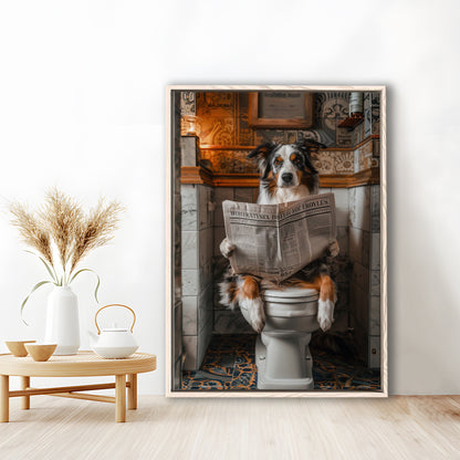 Australian Shepherd Dog On The Toilet Reading Newspaper, Bathroom Art, Framed Canvas Print Wall Art, Floating Frame
