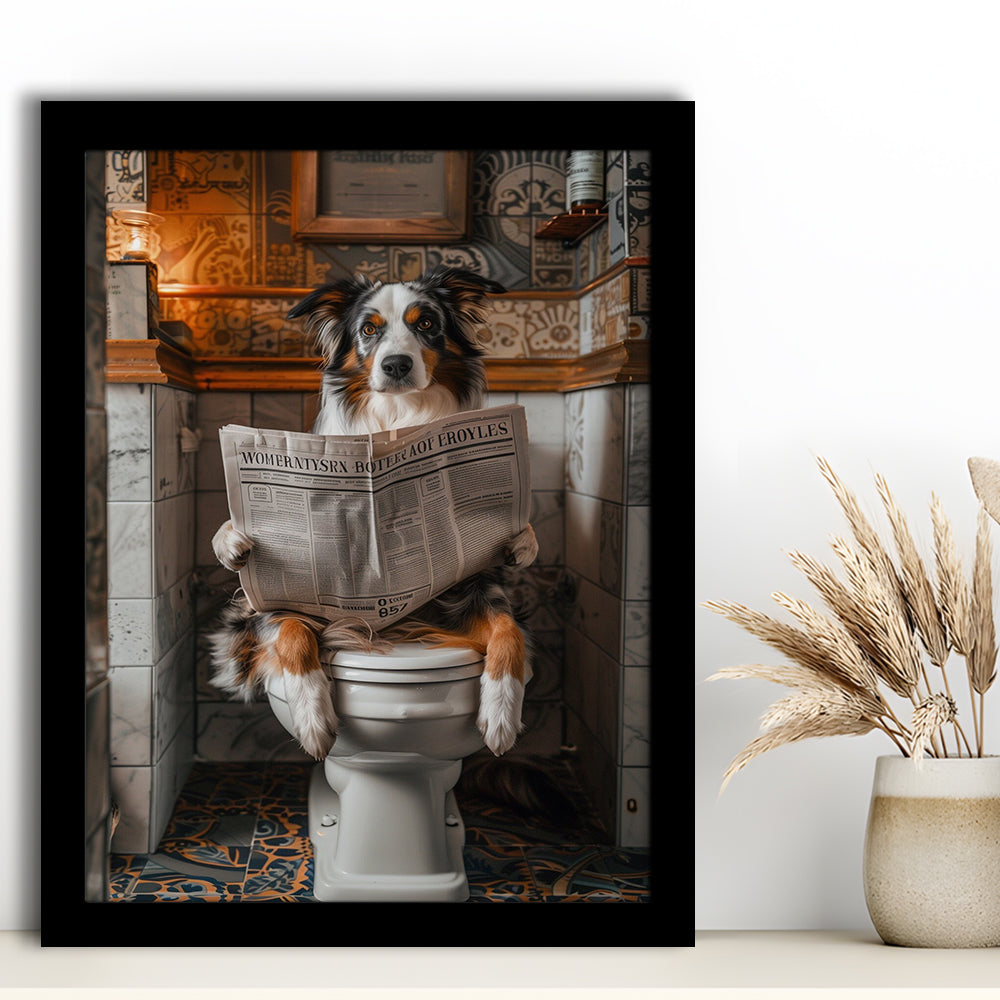 Australian Shepherd Dog On The Toilet Reading Newspaper, Bathroom Art, Framed Art Print Wall Decor, Picture Framed