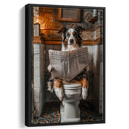 Australian Shepherd Dog On The Toilet Reading Newspaper, Bathroom Art, Framed Canvas Print Wall Art, Floating Frame