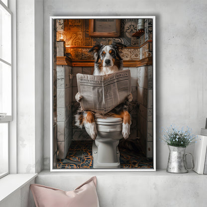Australian Shepherd Dog On The Toilet Reading Newspaper, Bathroom Art, Framed Canvas Print Wall Art, Floating Frame