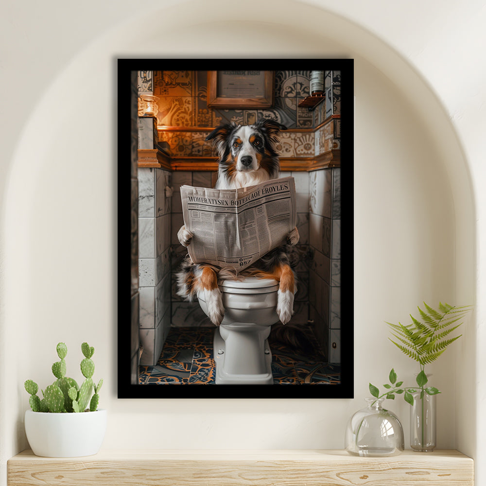 Australian Shepherd Dog On The Toilet Reading Newspaper, Bathroom Art, Framed Art Print Wall Decor, Picture Framed