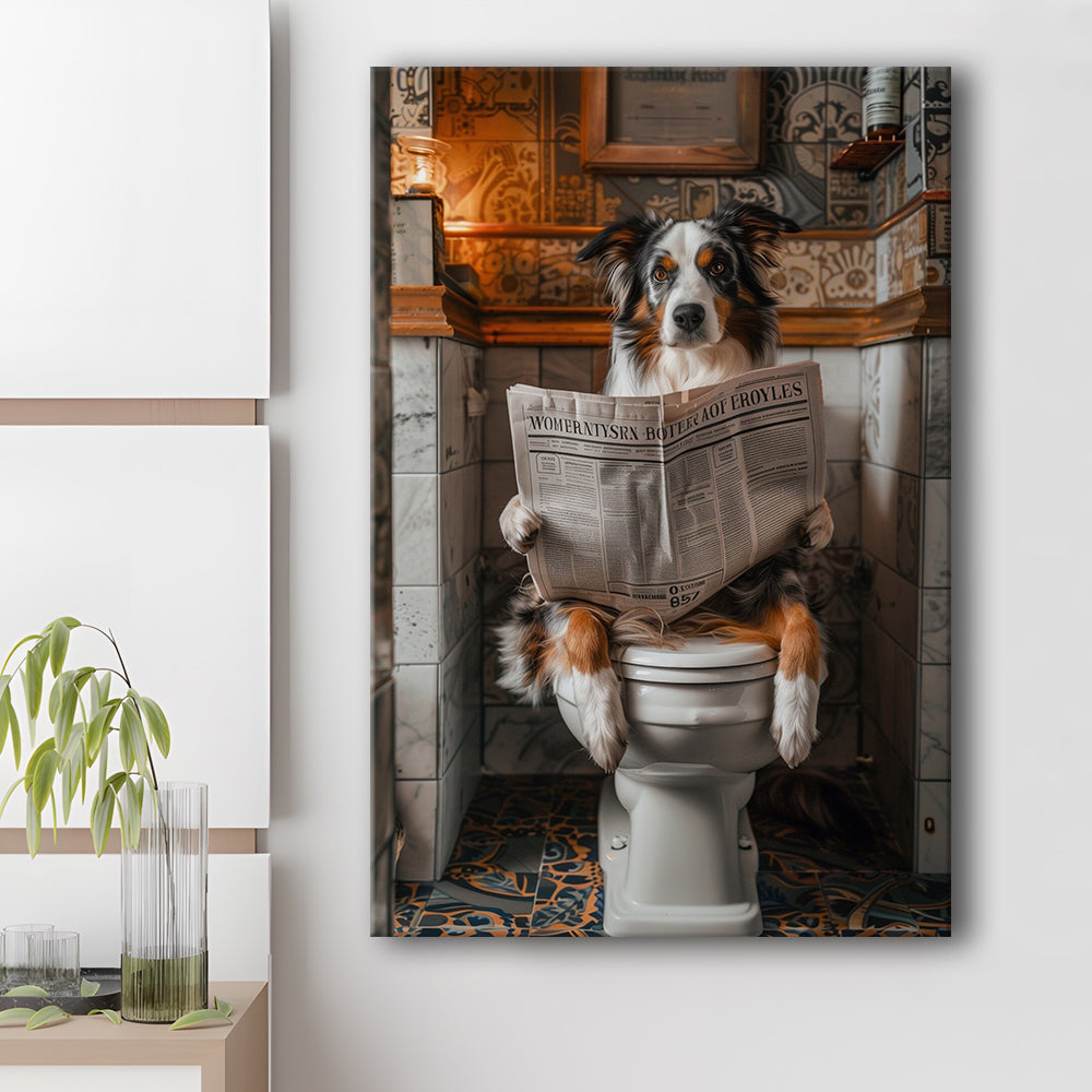 Australian Shepherd Dog On The Toilet Reading Newspaper, Bathroom Art, Canvas Print Wall Art, Wall Decor, Painting Canvas
