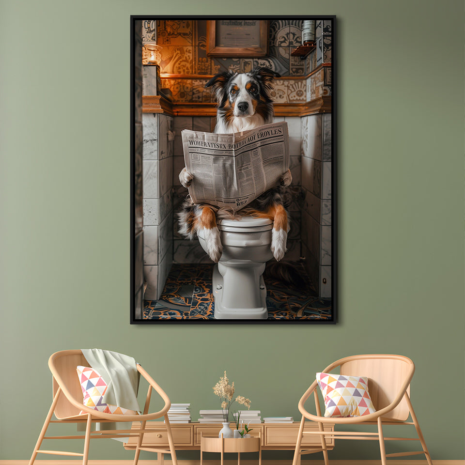 Australian Shepherd Dog On The Toilet Reading Newspaper, Bathroom Art, Framed Canvas Print Wall Art, Floating Frame