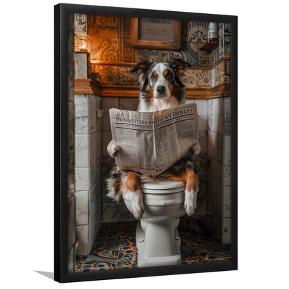 Australian Shepherd Dog On The Toilet Reading Newspaper, Bathroom Art, Framed Art Print Wall Decor, Picture Framed
