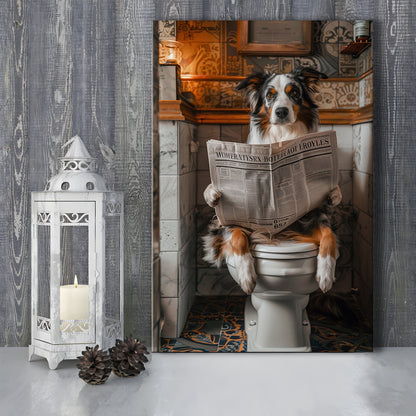 Australian Shepherd Dog On The Toilet Reading Newspaper, Bathroom Art, Canvas Print Wall Art, Wall Decor, Painting Canvas
