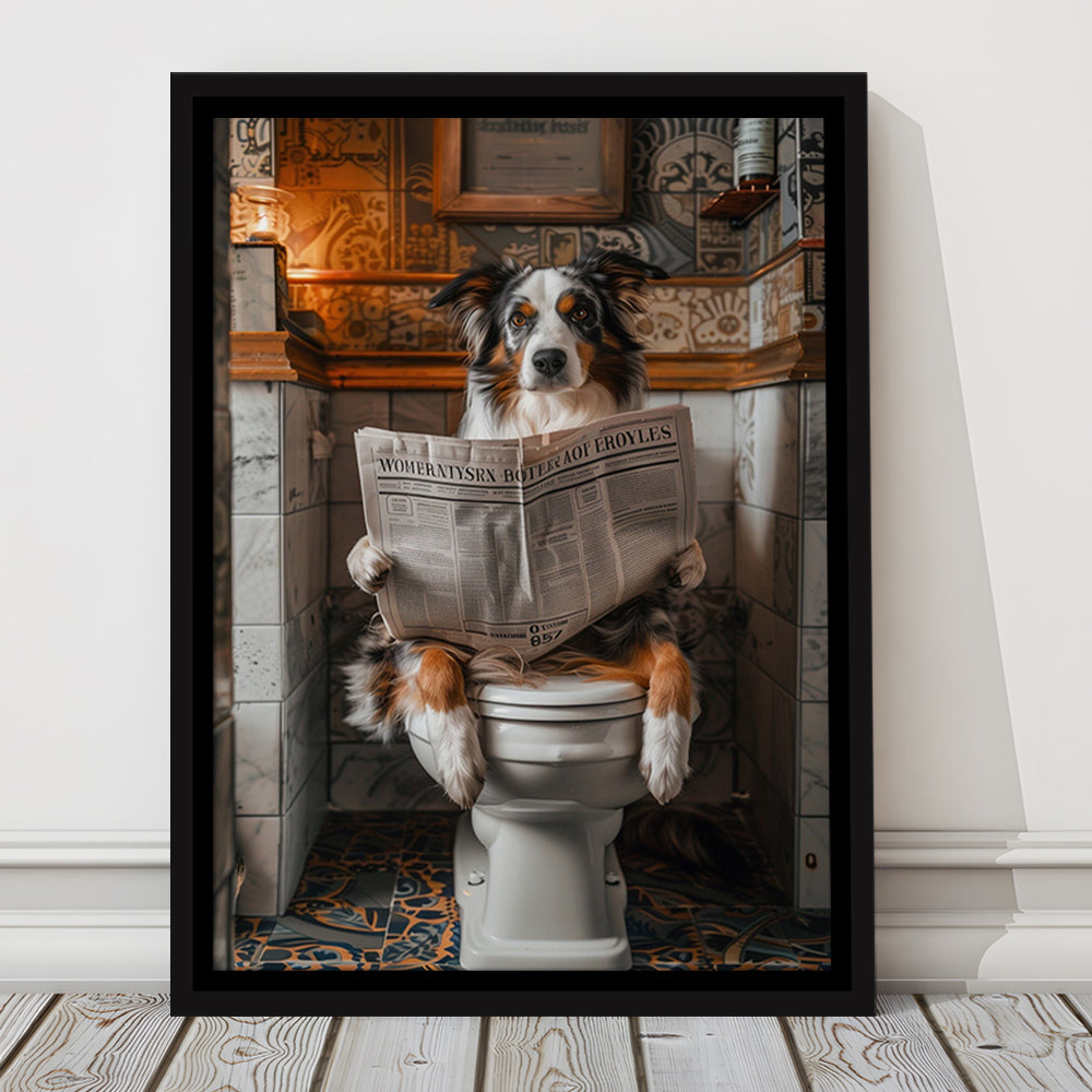 Australian Shepherd Dog On The Toilet Reading Newspaper, Bathroom Art, Framed Canvas Print Wall Art, Floating Frame