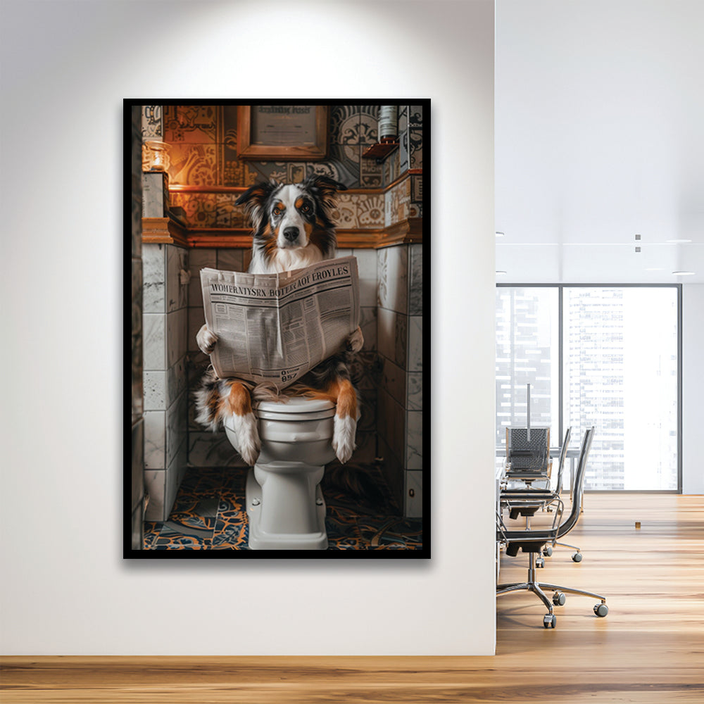 Australian Shepherd Dog On The Toilet Reading Newspaper, Bathroom Art, Framed Art Print Wall Decor, Picture Framed