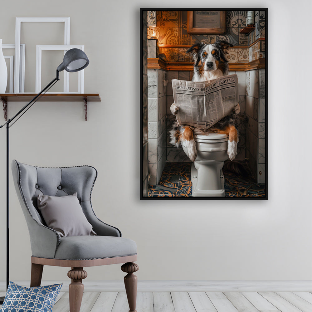Australian Shepherd Dog On The Toilet Reading Newspaper, Bathroom Art, Framed Canvas Print Wall Art, Floating Frame