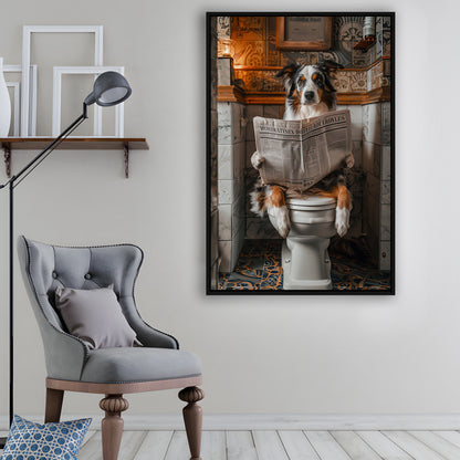 Australian Shepherd Dog On The Toilet Reading Newspaper, Bathroom Art, Framed Canvas Print Wall Art, Floating Frame