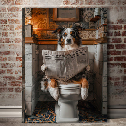 Australian Shepherd Dog On The Toilet Reading Newspaper, Bathroom Art, Canvas Print Wall Art, Wall Decor, Painting Canvas