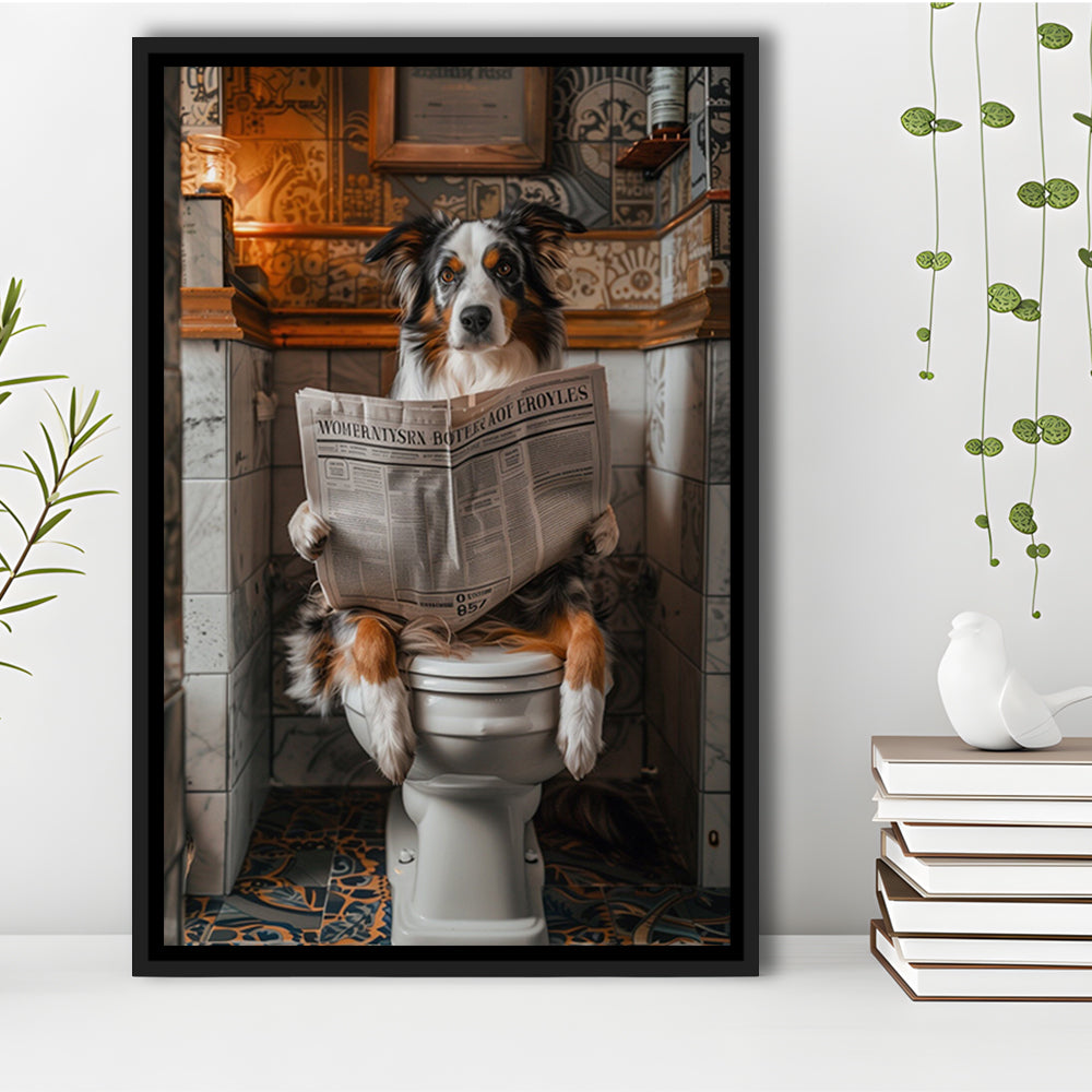 Australian Shepherd Dog On The Toilet Reading Newspaper, Bathroom Art, Framed Canvas Print Wall Art, Floating Frame