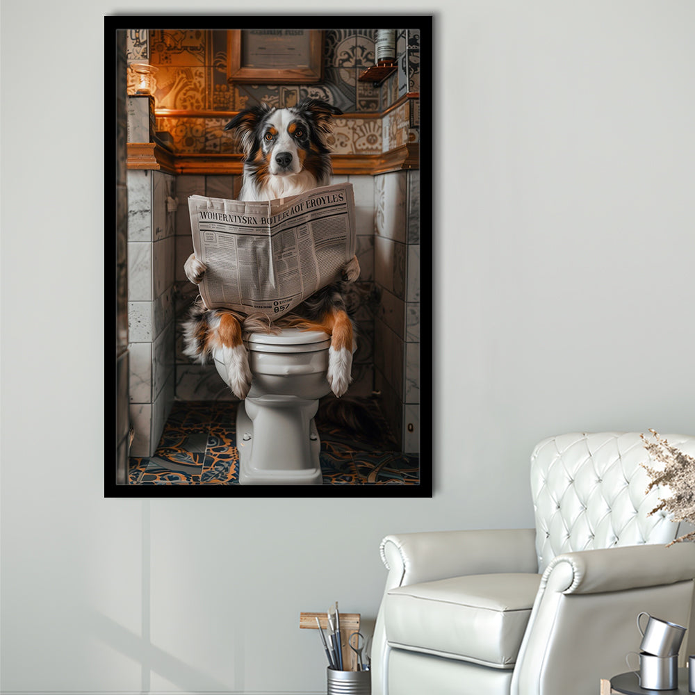 Australian Shepherd Dog On The Toilet Reading Newspaper, Bathroom Art, Framed Art Print Wall Decor, Picture Framed