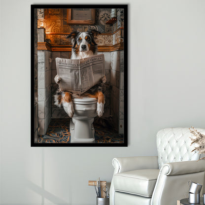 Australian Shepherd Dog On The Toilet Reading Newspaper, Bathroom Art, Framed Art Print Wall Decor, Picture Framed