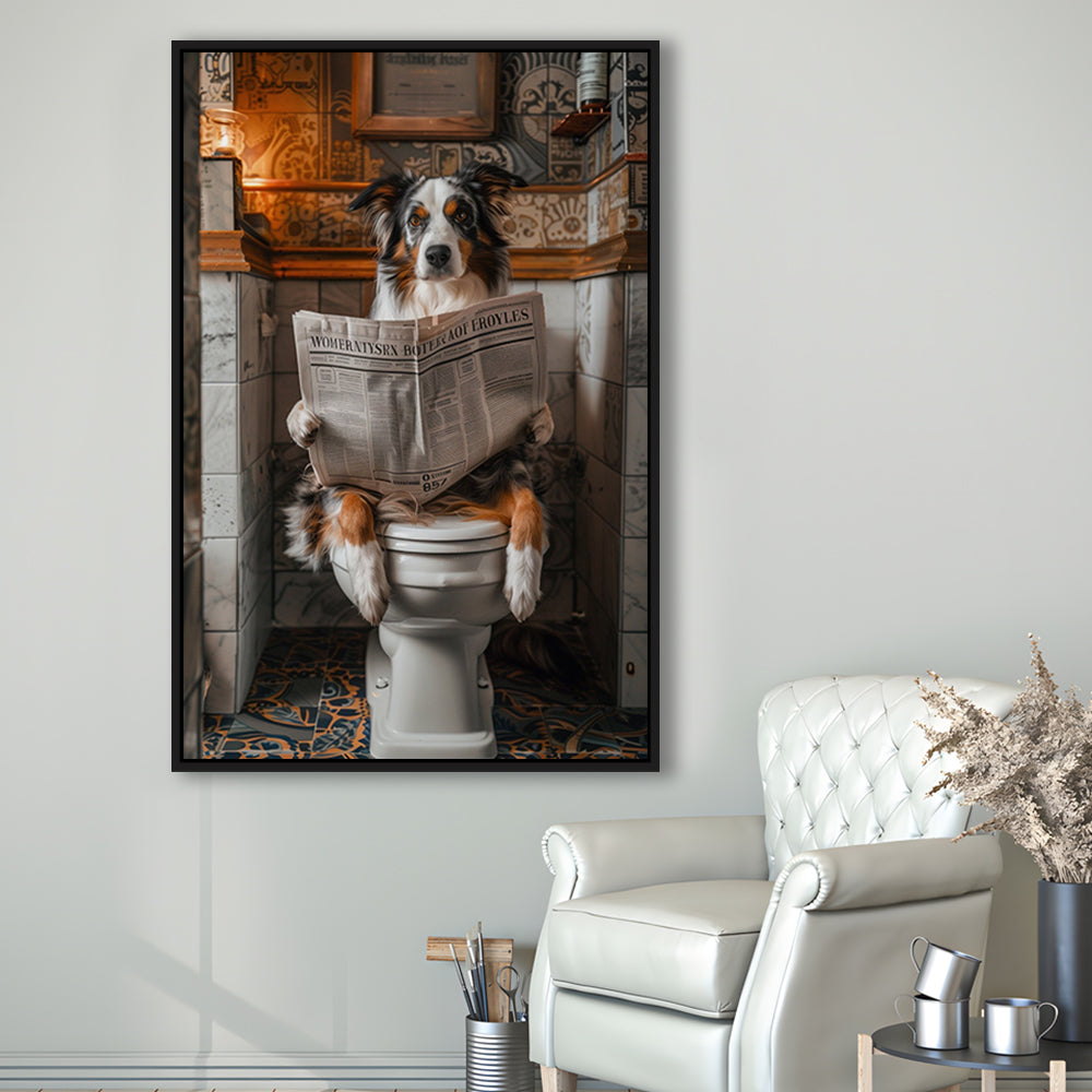 Australian Shepherd Dog On The Toilet Reading Newspaper, Bathroom Art, Framed Canvas Print Wall Art, Floating Frame