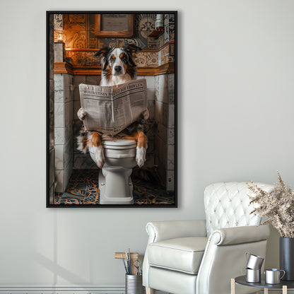 Australian Shepherd Dog On The Toilet Reading Newspaper, Bathroom Art, Framed Canvas Print Wall Art, Floating Frame