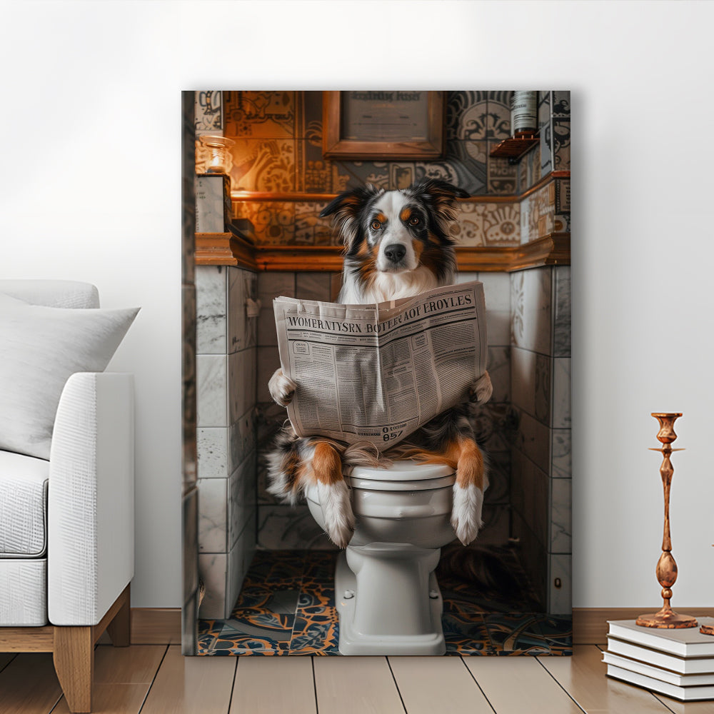 Australian Shepherd Dog On The Toilet Reading Newspaper, Bathroom Art, Canvas Print Wall Art, Wall Decor, Painting Canvas