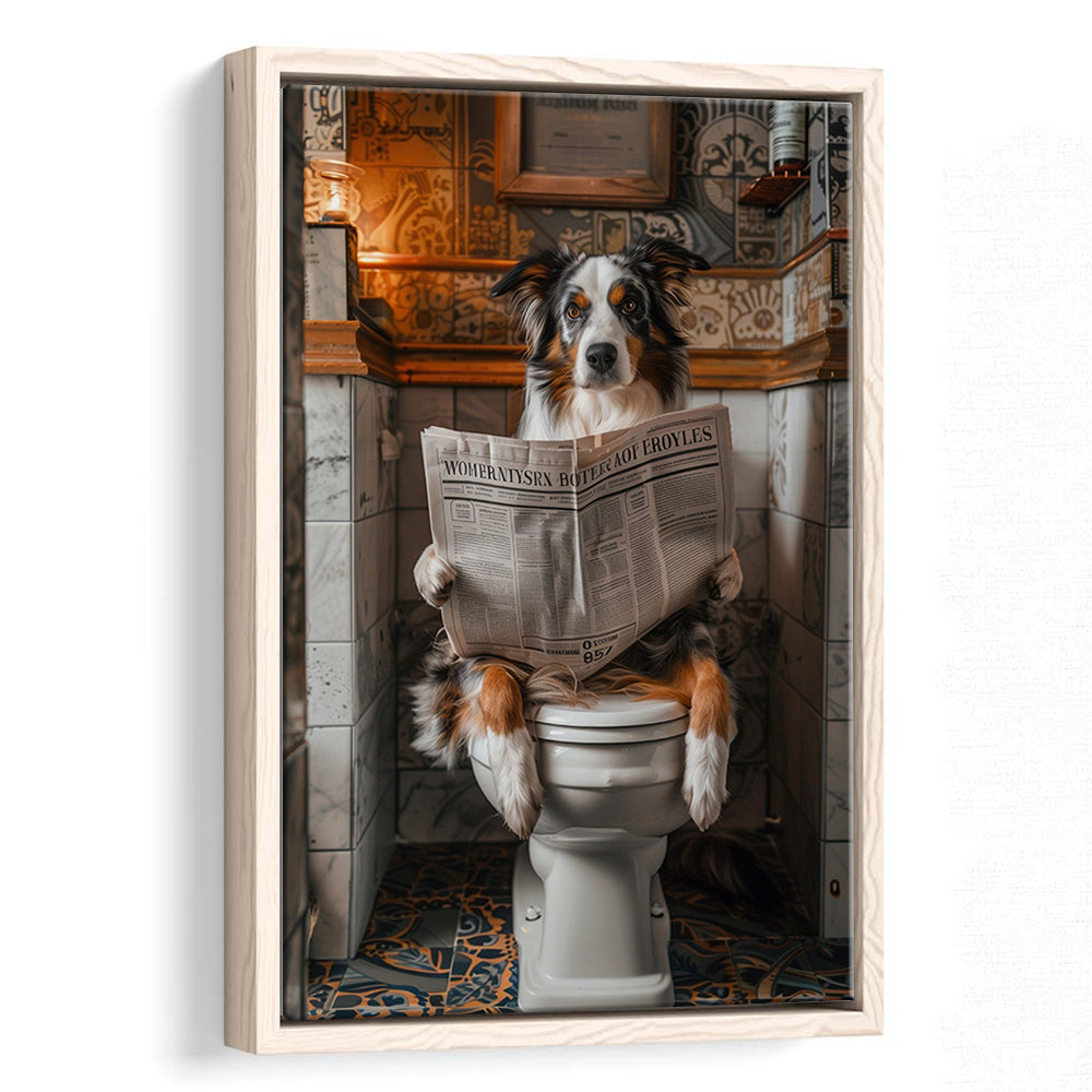Australian Shepherd Dog On The Toilet Reading Newspaper, Bathroom Art, Framed Canvas Print Wall Art, Floating Frame