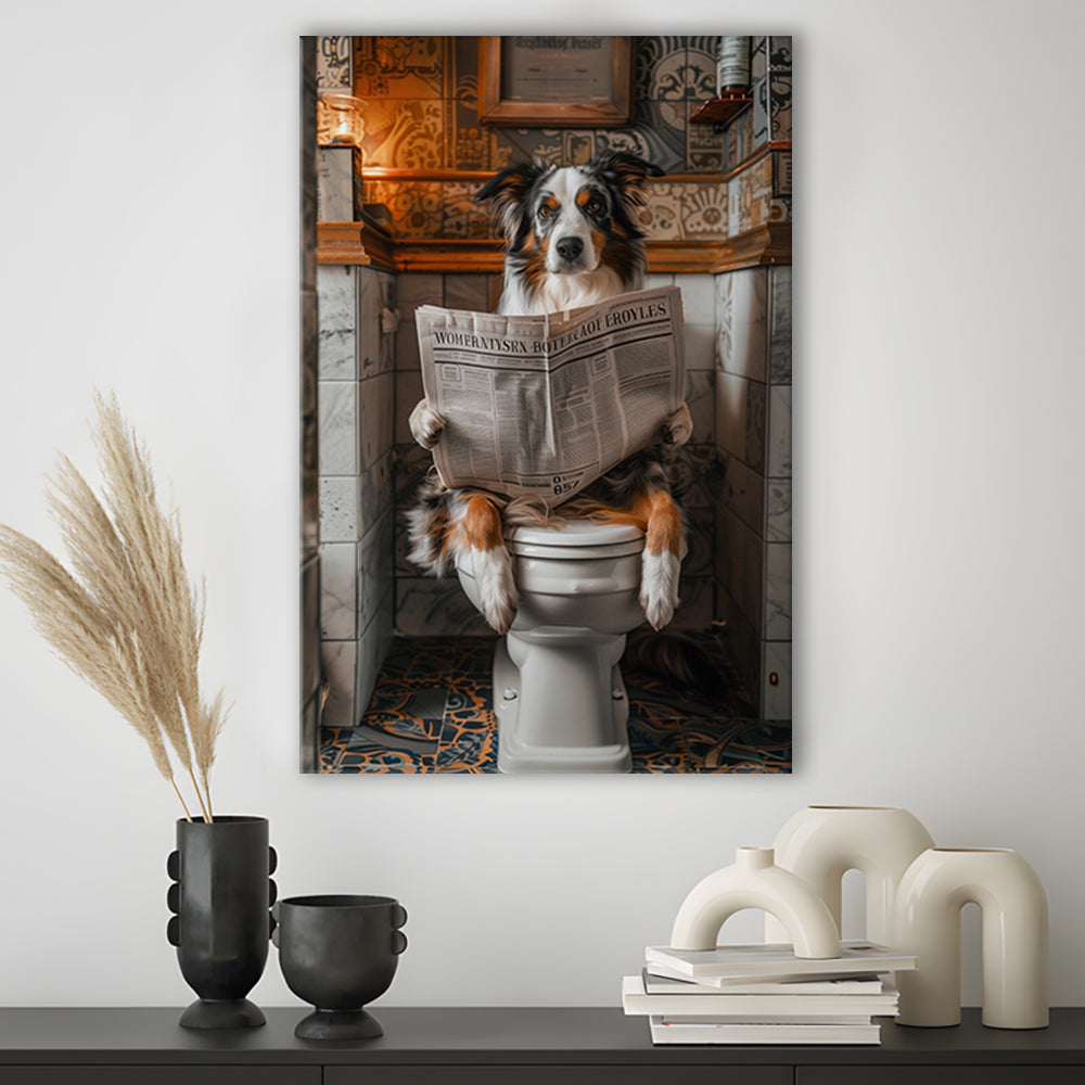 Australian Shepherd Dog On The Toilet Reading Newspaper, Bathroom Art, Canvas Print Wall Art, Wall Decor, Painting Canvas