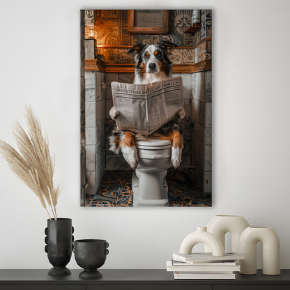Australian Shepherd Dog On The Toilet Reading Newspaper, Bathroom Art, Canvas Print Wall Art, Wall Decor, Painting Canvas