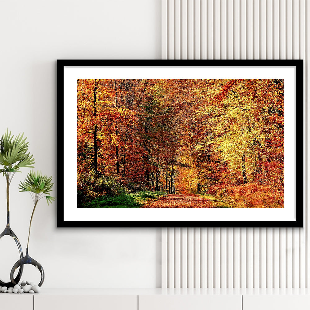 Autumn Way Large Stretched Floating Frame Wall Art Print, Framed Art Print White Border
