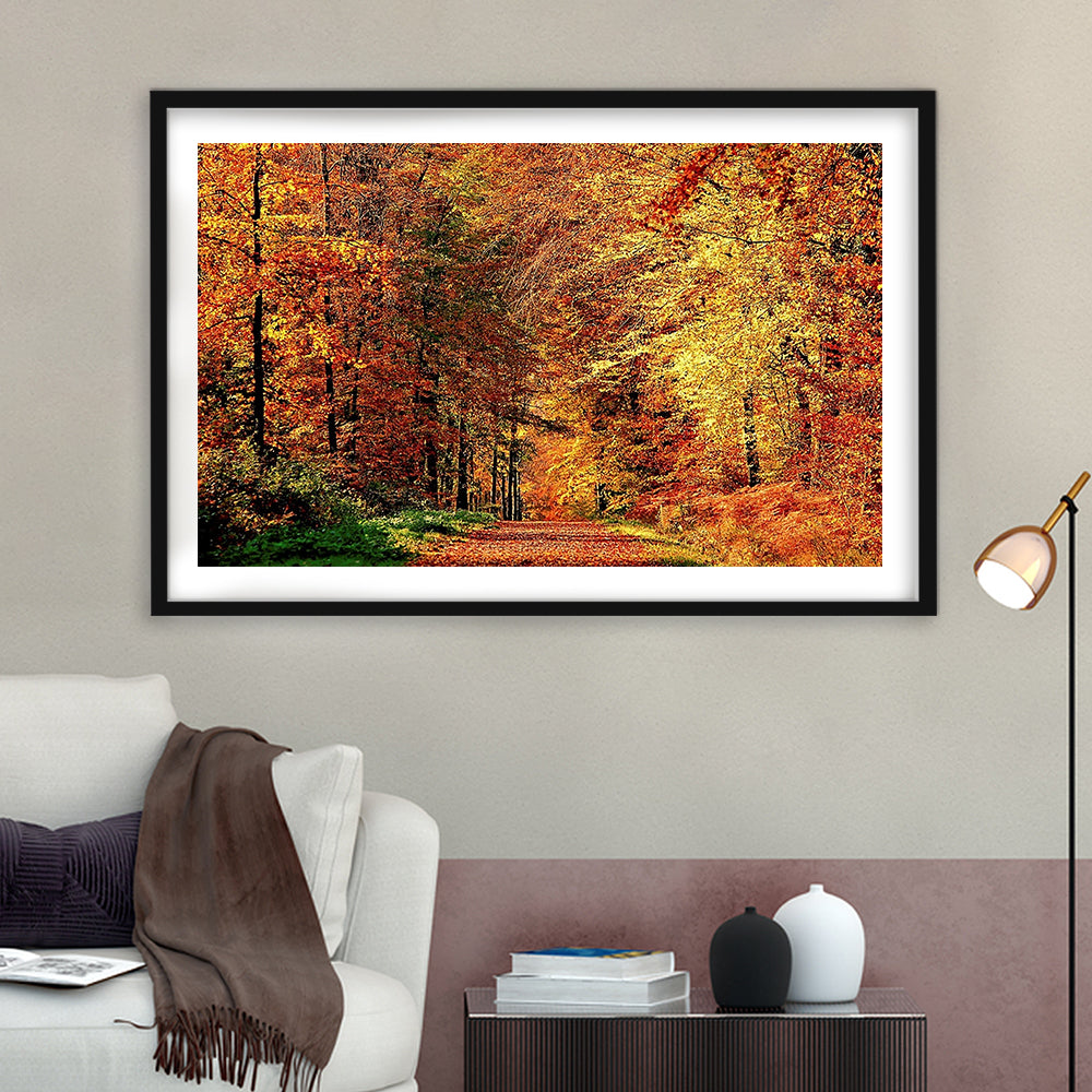 Autumn Way Large Stretched Floating Frame Wall Art Print, Framed Art Print White Border