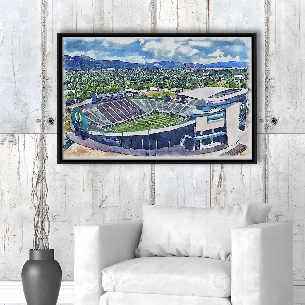 Autzen Stadium, Oregon Football Painting Stadium Watercolor, Football, Sport Gift Art, Framed Canvas Print Wall Art