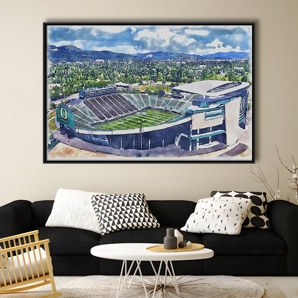 Autzen Stadium, Oregon Football Painting Stadium Watercolor, Football, Sport Gift Art, Framed Canvas Print Wall Art