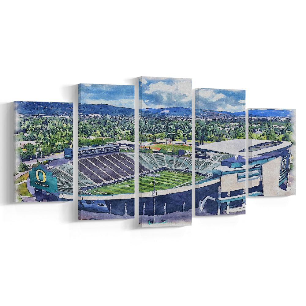 Autzen Stadium, Oregon Football Painting Stadium Watercolor, Football, Sport Art, Mixed 5 Panel, Canvas Print Wall Art