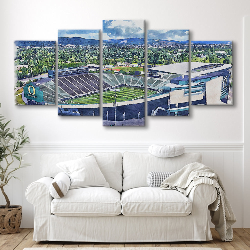Autzen Stadium, Oregon Football Painting Stadium Watercolor, Football, Sport Art, Mixed 5 Panel, Canvas Print Wall Art