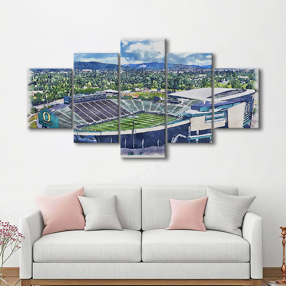 Autzen Stadium, Oregon Football Painting Stadium Watercolor, Football, Sport Art, Mixed 5 Panel, Canvas Print Wall Art