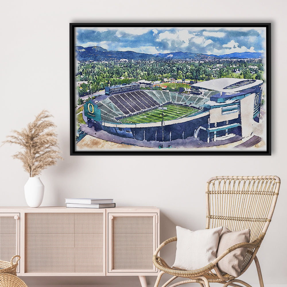 Autzen Stadium, Oregon Football Painting Stadium Watercolor, Football, Sport Gift Art, Framed Canvas Print Wall Art