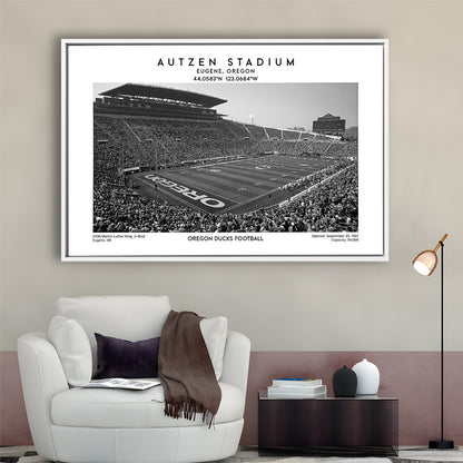 Autzen Stadium Black And White, Oregon Ducks Football Stadium Wall Art Print, Framed Canvas Print Wall Art