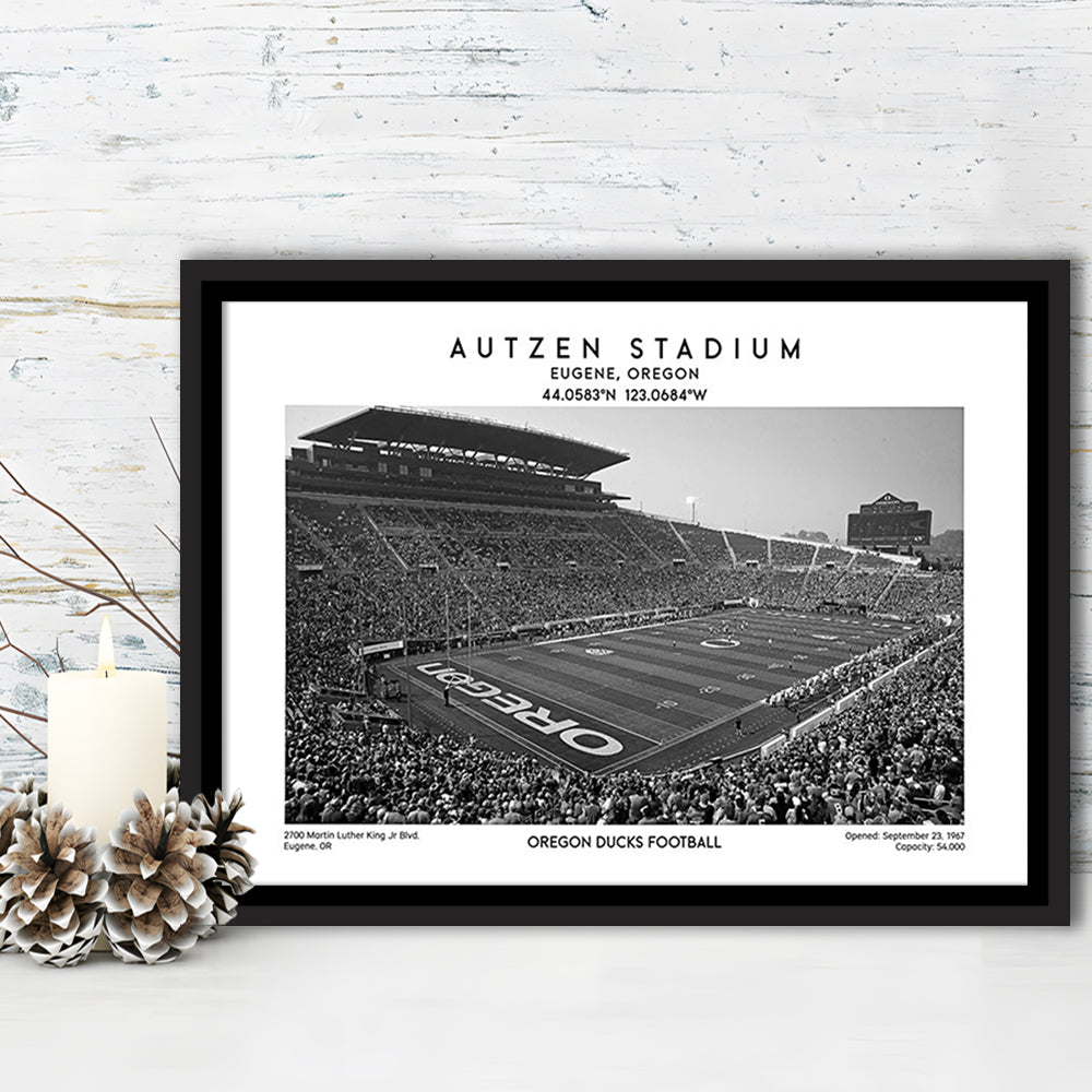 Autzen Stadium Black And White, Oregon Ducks Football Stadium Wall Art Print, Framed Canvas Print Wall Art