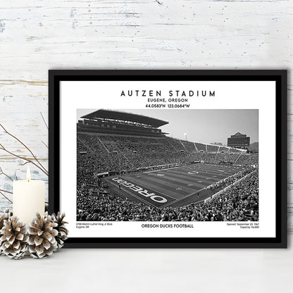 Autzen Stadium Black And White, Oregon Ducks Football Stadium Wall Art Print, Framed Canvas Print Wall Art