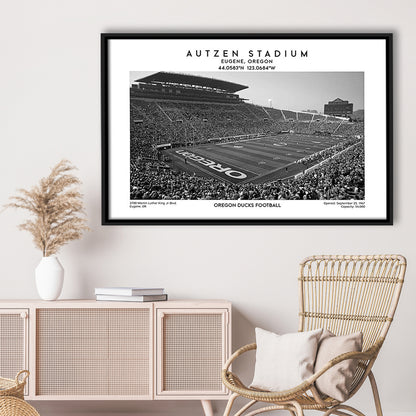 Autzen Stadium Black And White, Oregon Ducks Football Stadium Wall Art Print, Framed Canvas Print Wall Art