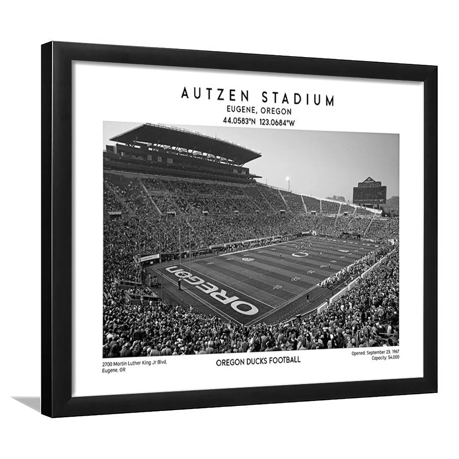 Autzen Stadium Black And White, Oregon Ducks Football Stadium Wall Art Print, Framed Art Print Wall Decor
